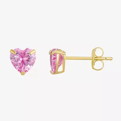 Pink Cubic Zirconia 10K Gold 6mm Heart Stud Earrings
