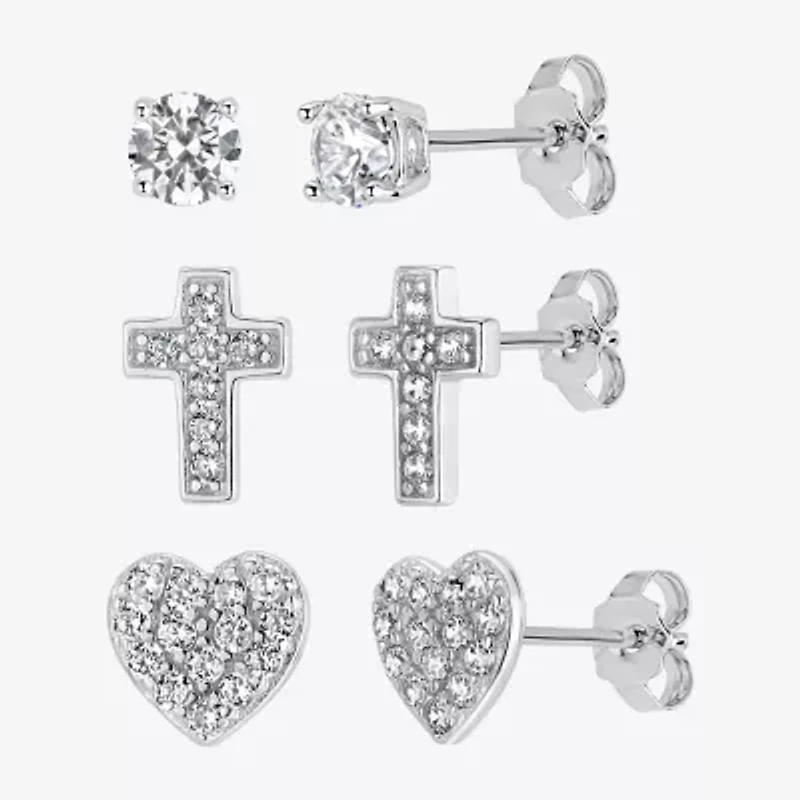 Womens Cubic Zirconia Sterling Silver Heart 3 Pair Earring Set