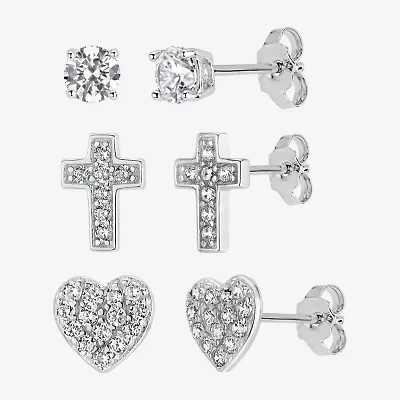 Womens Cubic Zirconia Sterling Silver Heart 3 Pair Earring Set