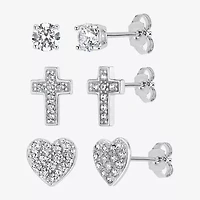 Womens Cubic Zirconia Sterling Silver Heart 3 Pair Earring Set