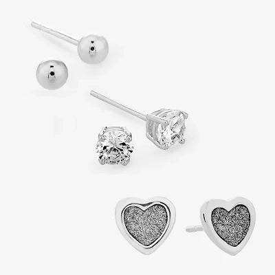 Womens Cubic Zirconia Sterling Silver Ball 3 Pair Earring Set