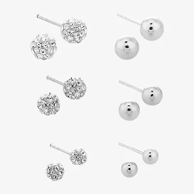 Womens White Crystal Sterling Silver Ball 6 Pair Earring Set