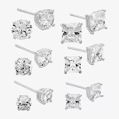 Womens White Cubic Zirconia Sterling Silver 6 Pair Earring Set