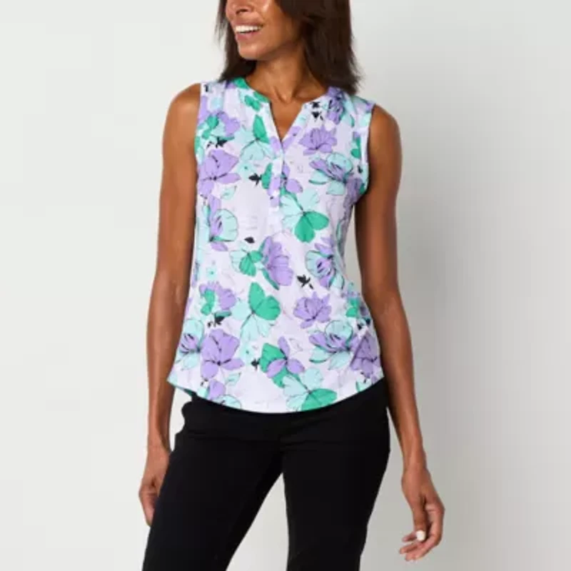 Liz Claiborne Womens Split Crew Neck Sleeveless Tank Top