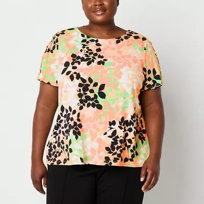 Liz Claiborne Womens Easy-on + Easy-off Round Neck Short Sleeve Adaptive Plus Blouse