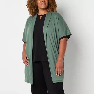Liz Claiborne Womens Short Sleeve Open Front Plus Cardigan