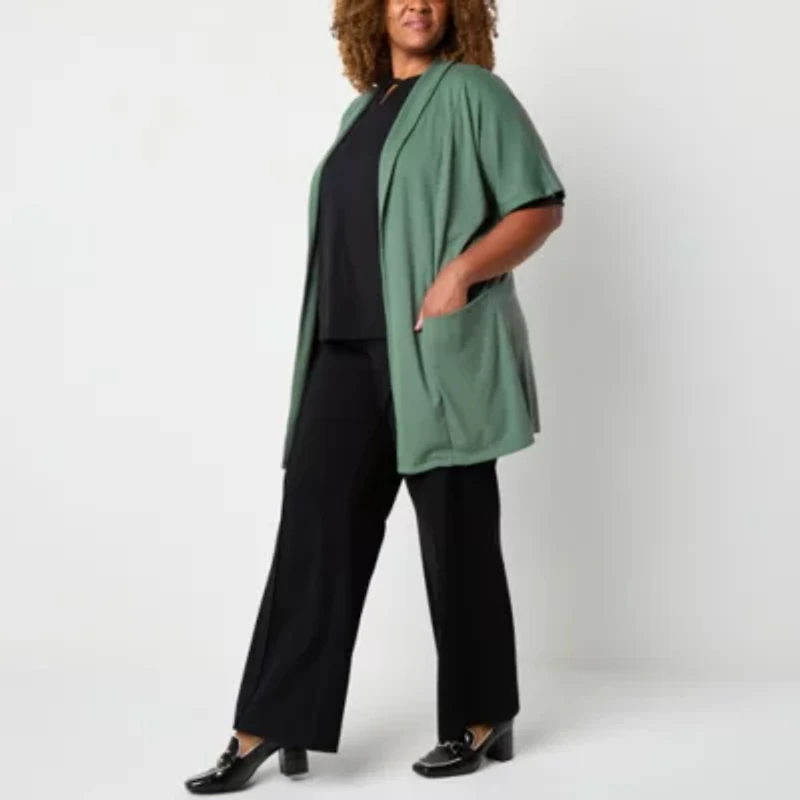 Liz Claiborne Womens Short Sleeve Open Front Plus Cardigan