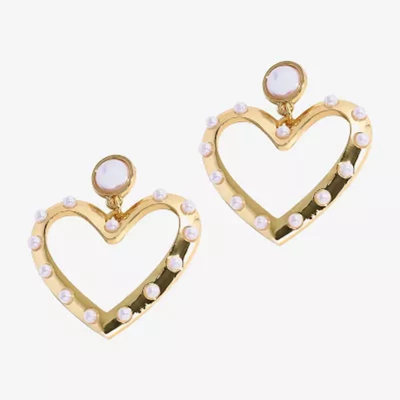 Bijoux Bar Gold Tone Womens White Simulated Pearl Heart Drop Earrings