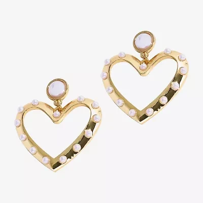 Bijoux Bar Gold Tone Womens White Simulated Pearl Heart Drop Earrings