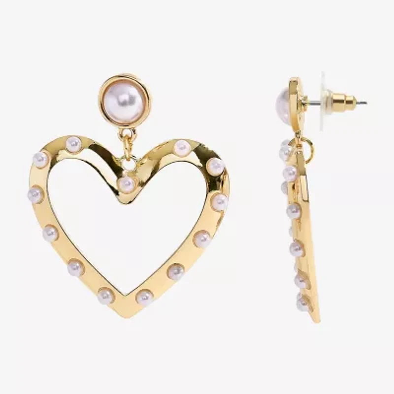 Bijoux Bar Gold Tone Womens White Simulated Pearl Heart Drop Earrings