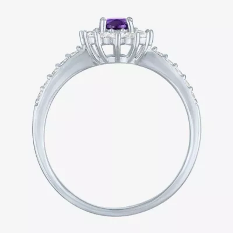 Yes, Please! Womens Lab Created Purple Amethyst Sterling Silver Oval Halo Side Stone Cocktail Ring