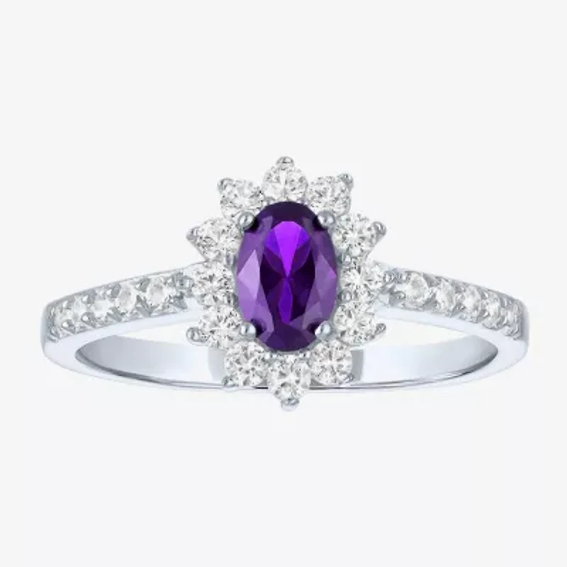 Yes, Please! Womens Lab Created Purple Amethyst Sterling Silver Oval Halo Side Stone Cocktail Ring