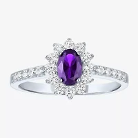 Yes, Please! Womens Lab Created Purple Amethyst Sterling Silver Oval Halo Side Stone Cocktail Ring