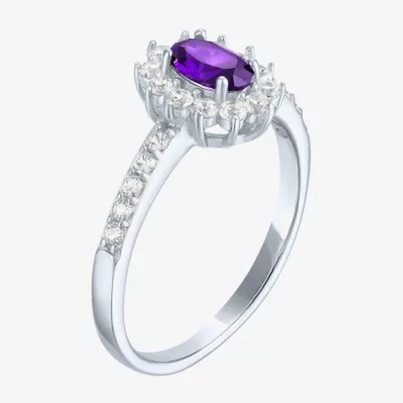 Yes, Please! Womens Lab Created Purple Amethyst Sterling Silver Oval Halo Side Stone Cocktail Ring