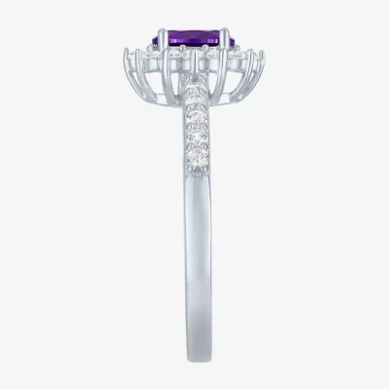 Yes, Please! Womens Lab Created Purple Amethyst Sterling Silver Oval Halo Side Stone Cocktail Ring