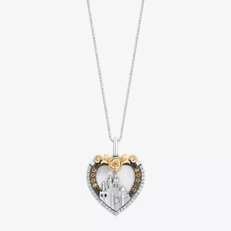 Enchanted Disney Fine Jewelry Belle (I, I2) Womens 1/10 CT. T.W. Genuine White Mother Of Pearl 14K Gold Over Silver Sterling Silver Heart 18 Inch Pendant Necklace