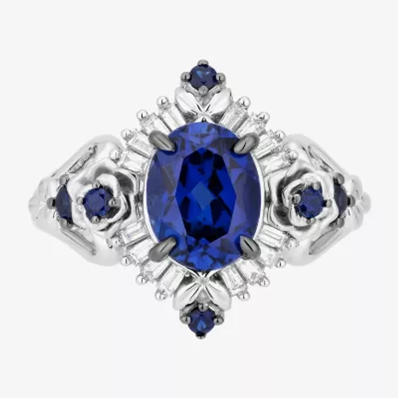 Enchanted Disney Fine Jewelry Cinderella(F, Si1) Womens Lab Created Blue Sapphire Sterling Silver Oval Cinderella Cocktail Ring