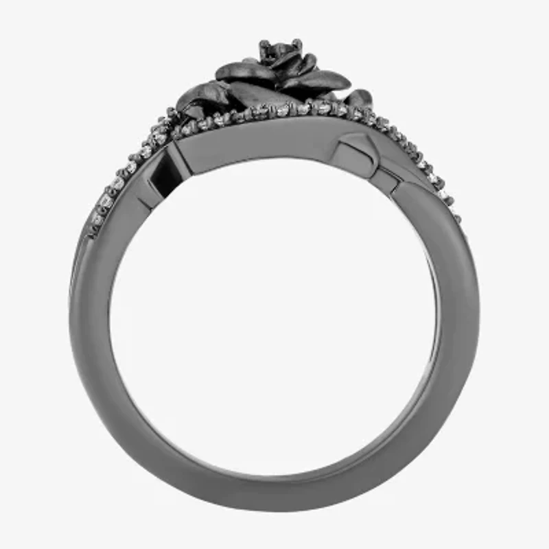 Maleficent (I, I2) Womens 1/5 CT. Genuine Black Spinel Sterling Silver Round Crossover Cocktail Ring