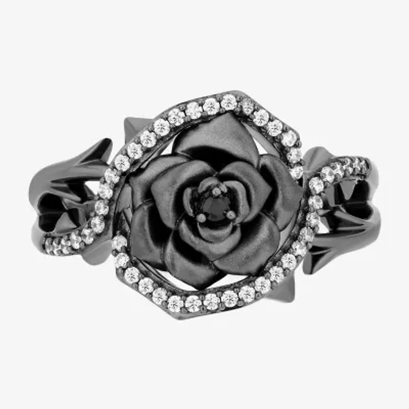 Maleficent (I, I2) Womens 1/5 CT. Genuine Black Spinel Sterling Silver Round Crossover Cocktail Ring
