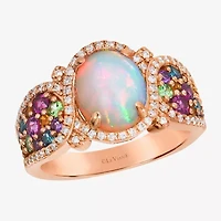 Levian Corp Le Vian Womens Genuine White Opal 14K Rose Gold Oval Halo Side Stone Cocktail Ring