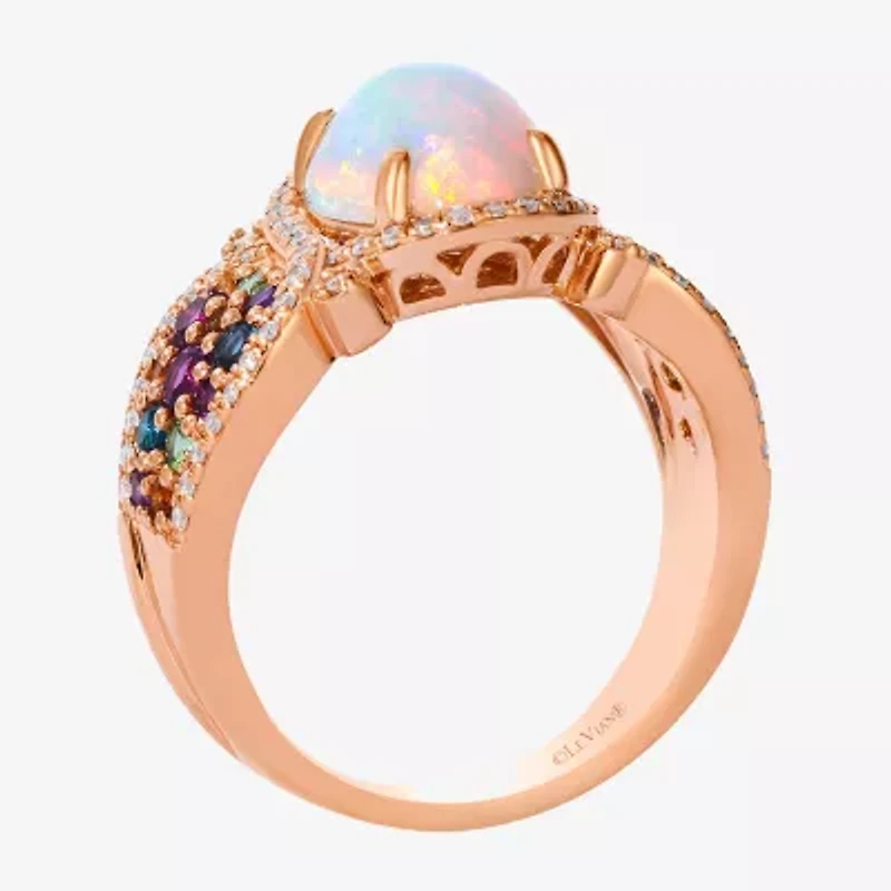 Levian Corp Le Vian Womens Genuine White Opal 14K Rose Gold Oval Halo Side Stone Cocktail Ring