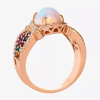 Levian Corp Le Vian Womens Genuine White Opal 14K Rose Gold Oval Halo Side Stone Cocktail Ring