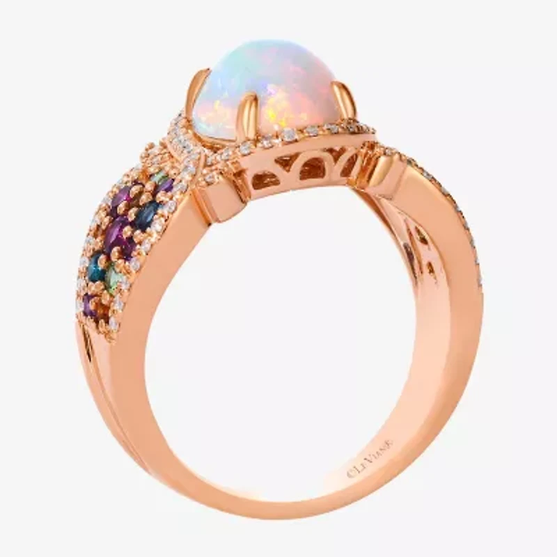 Levian Corp Le Vian Womens Genuine White Opal 14K Rose Gold Oval Halo Side Stone Cocktail Ring