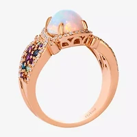 Levian Corp Le Vian Womens Genuine White Opal 14K Rose Gold Oval Halo Side Stone Cocktail Ring