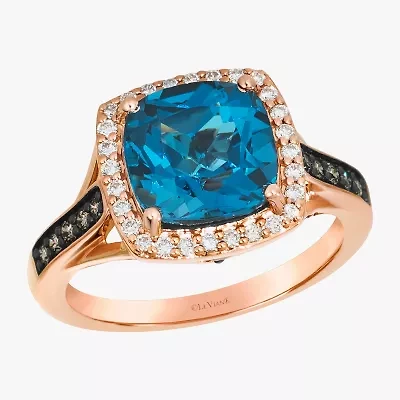 Levian Corp Le Vian Womens Genuine Blue Topaz 14K Rose Gold Halo Side Stone Cocktail Ring