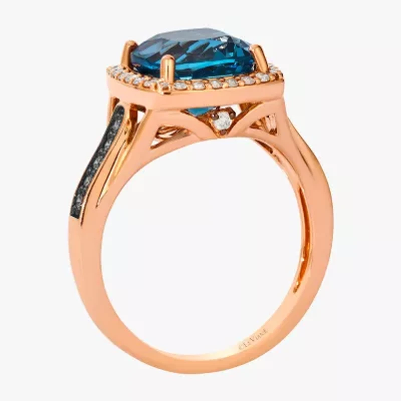 Levian Corp Le Vian Womens Genuine Blue Topaz 14K Rose Gold Halo Side Stone Cocktail Ring
