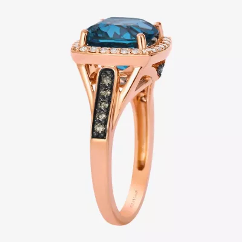 Levian Corp Le Vian Womens Genuine Blue Topaz 14K Rose Gold Halo Side Stone Cocktail Ring