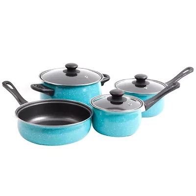 Casselman 7 pc - Turquoise - Enamel Look - Bakelite Snow Handle - Carbon Steel Cookware Set