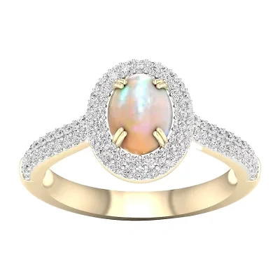 Womens Lab Created Opal 10K Gold Over Silver Halo Cocktail Ring