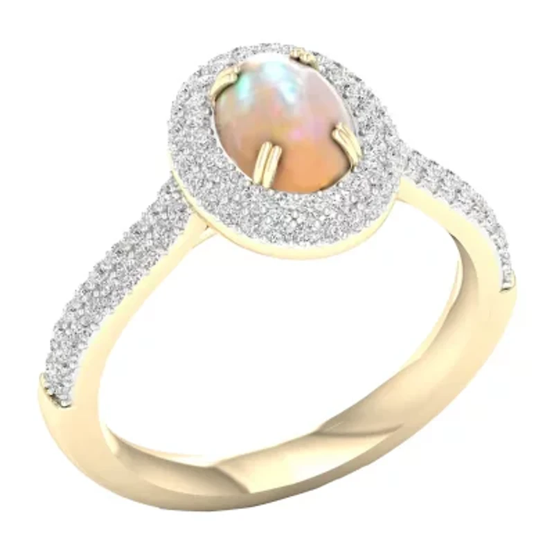 Womens Lab Created Opal 10K Gold Over Silver Halo Cocktail Ring