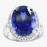 Effy Final Call Womens 7/8 CT. T.W. Lab Created Blue Sapphire 14K White Gold Oval Halo Cocktail Ring