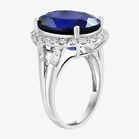 Effy Final Call Womens 7/8 CT. T.W. Lab Created Blue Sapphire 14K White Gold Oval Halo Cocktail Ring