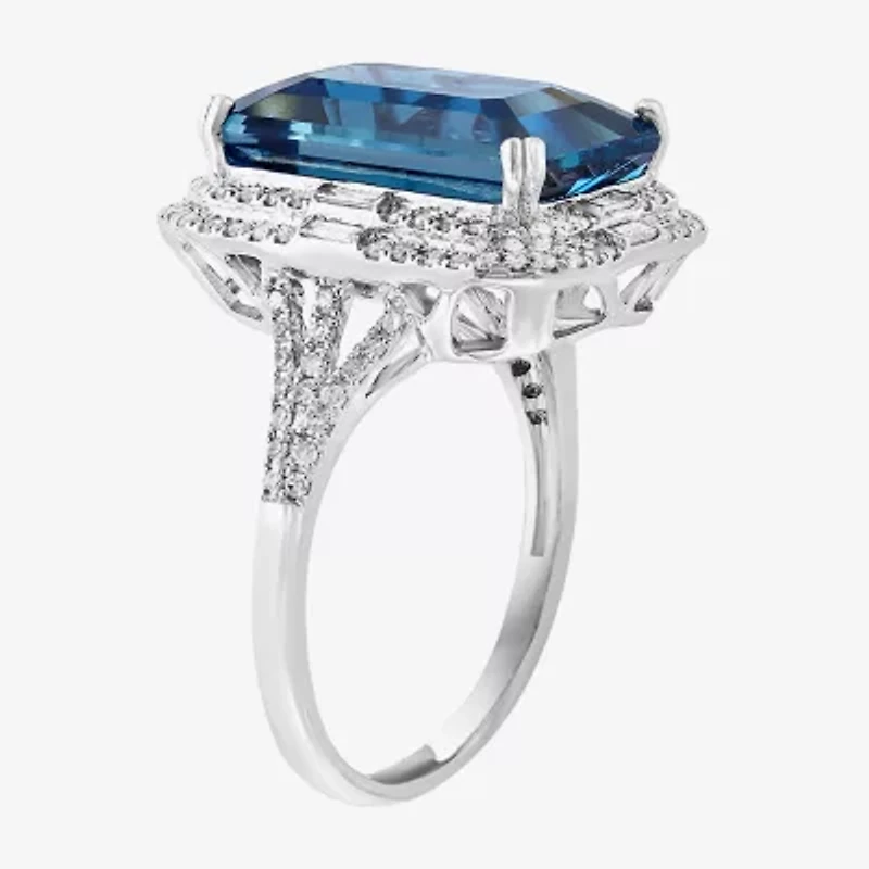 Effy Final Call Womens 5/8 CT. T.W. Genuine Blue Topaz 14K White Gold Halo Side Stone Cocktail Ring
