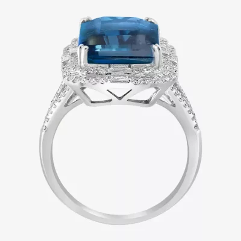 Effy Final Call Womens 5/8 CT. T.W. Genuine Blue Topaz 14K White Gold Halo Side Stone Cocktail Ring