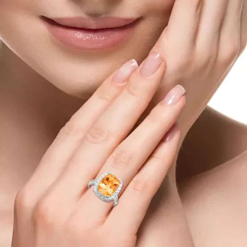 Effy Final Call Womens Genuine Yellow Citrine Sterling Silver Cushion Halo Side Stone Cocktail Ring
