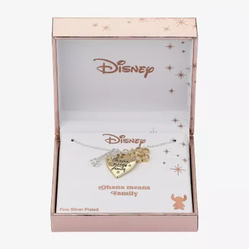 Disney Classics Ohana Charm Womens Cubic Zirconia Pure Silver Over Brass Heart 16 Inch Pendant Necklace