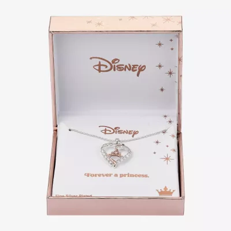Disney Classics Womens Cubic Zirconia Pure Silver Over Brass Crown Heart 16 Inch Pendant Necklace