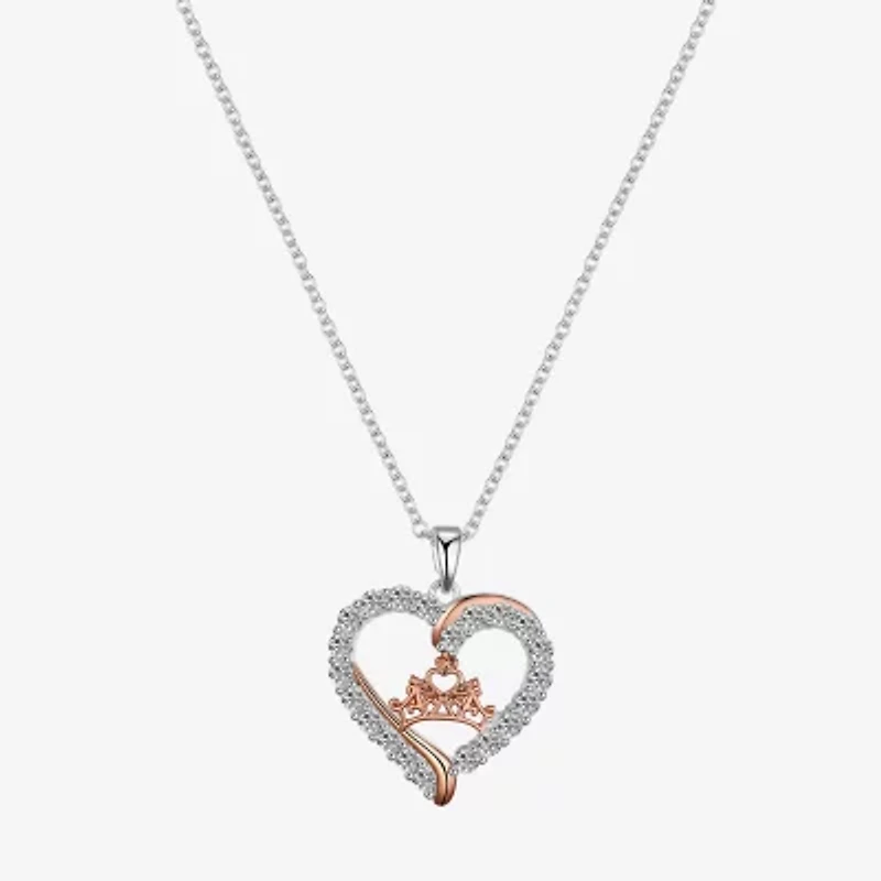 Disney Classics Womens Cubic Zirconia Pure Silver Over Brass Crown Heart 16 Inch Pendant Necklace