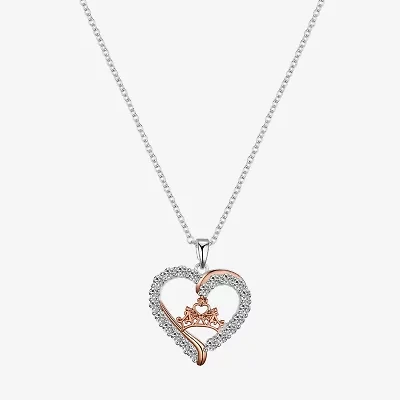 Disney Classics Womens Cubic Zirconia Pure Silver Over Brass Crown Heart 16 Inch Pendant Necklace
