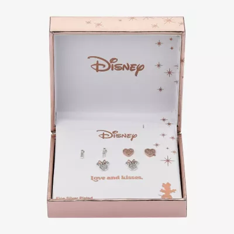 Disney Classics Pave Womens Cubic Zirconia Minnie Mouse 3 Pair Earring Set