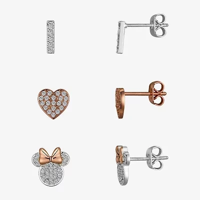 Disney Classics Pave Womens Cubic Zirconia Minnie Mouse 3 Pair Earring Set