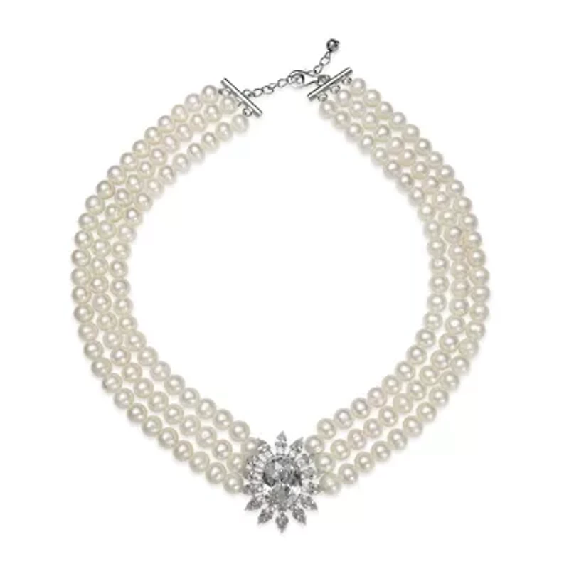 Cultured Freshwater Pearl and Cubic Zirconia 3-Row Necklace