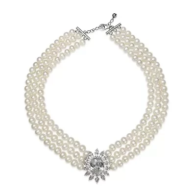 Cultured Freshwater Pearl and Cubic Zirconia 3-Row Necklace