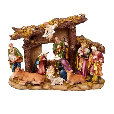 Kurt Adler Resin Nativity Set with Figures and Stable - 11-Piece Set