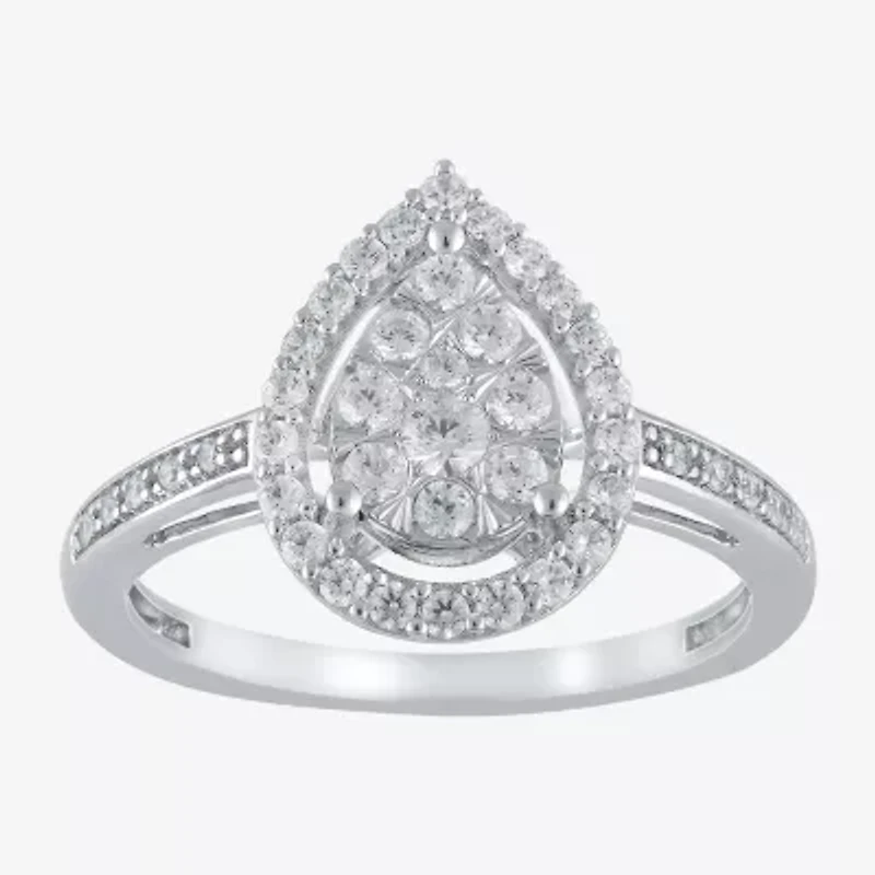 Certified Womens 1/2 CT. T.W. Natural White Diamond 14K Gold Pear Halo Cocktail Ring