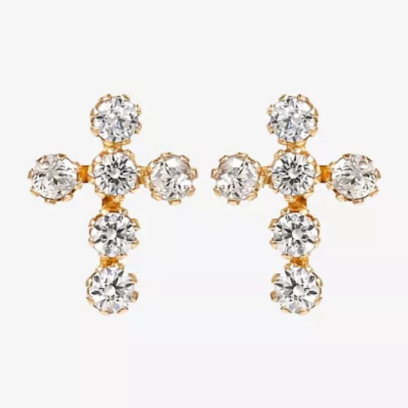 Cubic Zirconia 14K Gold 7.3mm Cross Stud Earrings